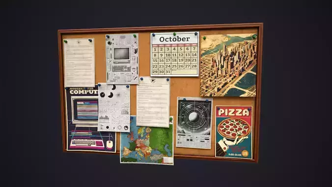Office pinboard Low-poly 3D model