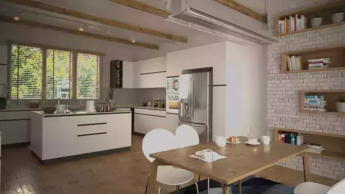 Kitchen and living room interior 3D scene Low-poly 3D model