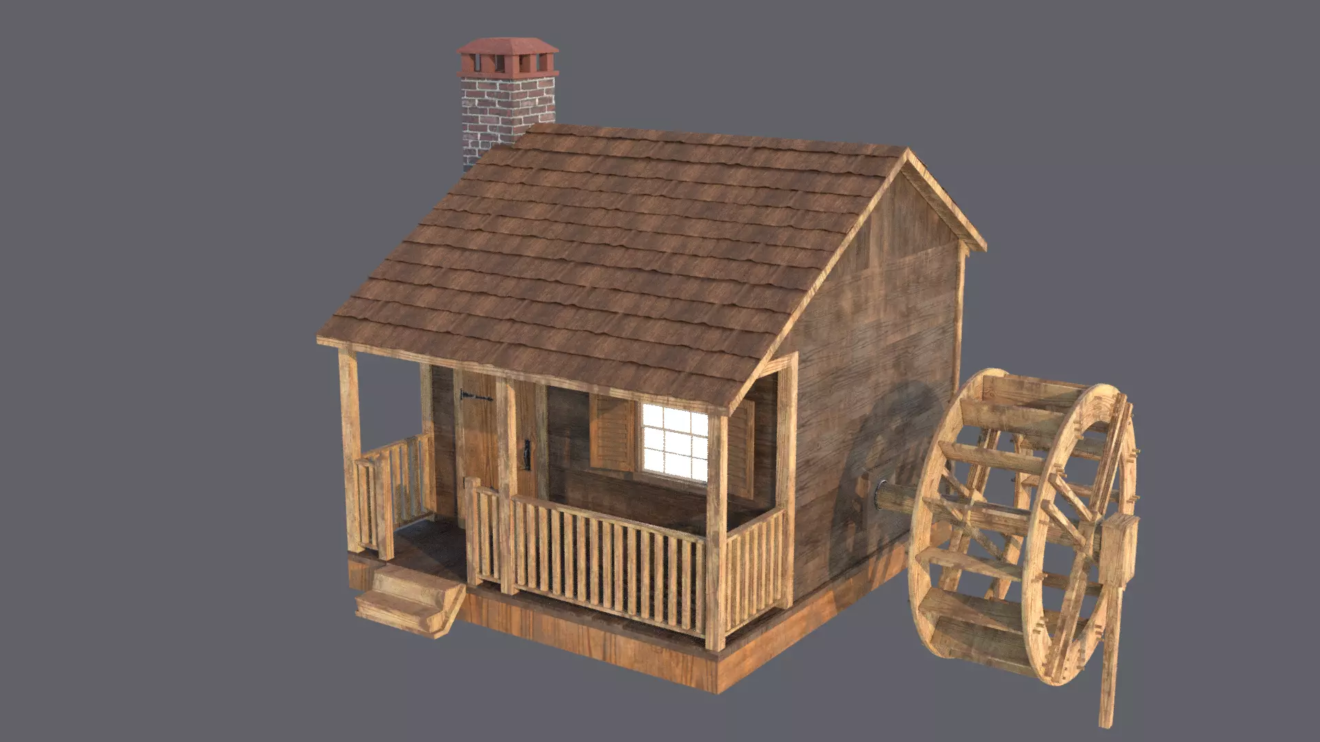 Cottage with Waterwheel 3D model_0