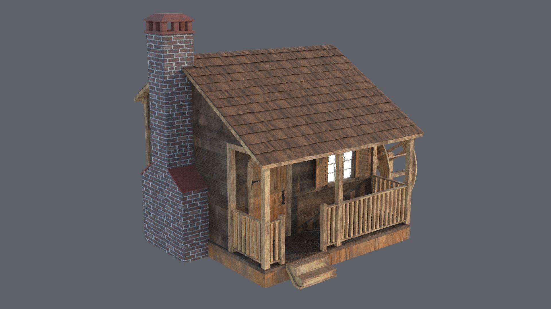 Cottage with Waterwheel 3D model_2