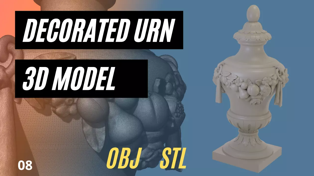 Urn with flowers and fruit  decorations 3D model_0