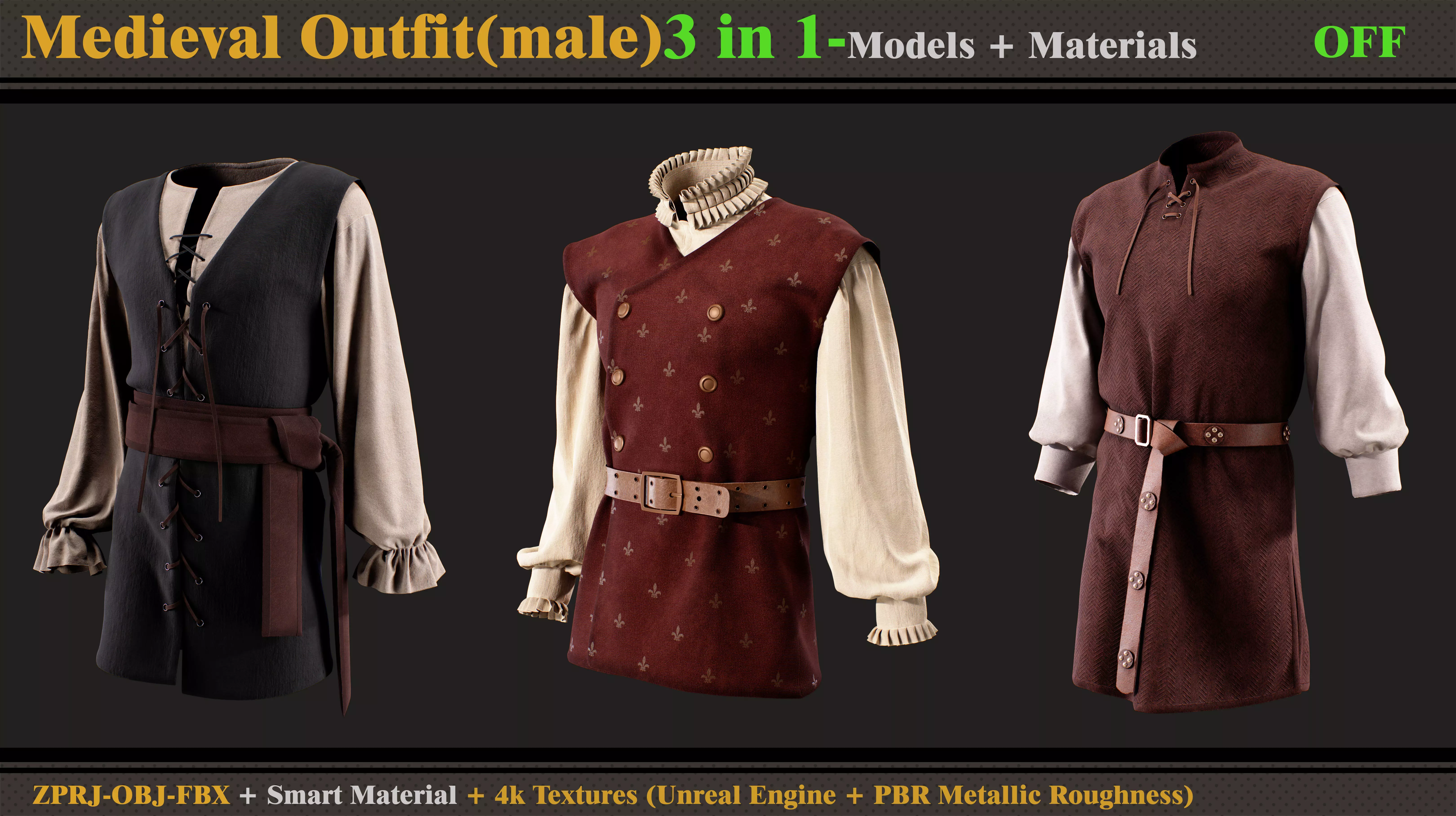 3 in 1 Medieval Outfit-MALE-MD-OBJ - FBX - Material - Textures 3D model