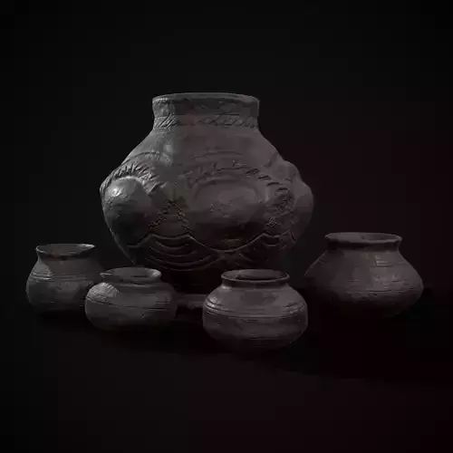 Sculpted Five Pottery Set Low-poly 3D model