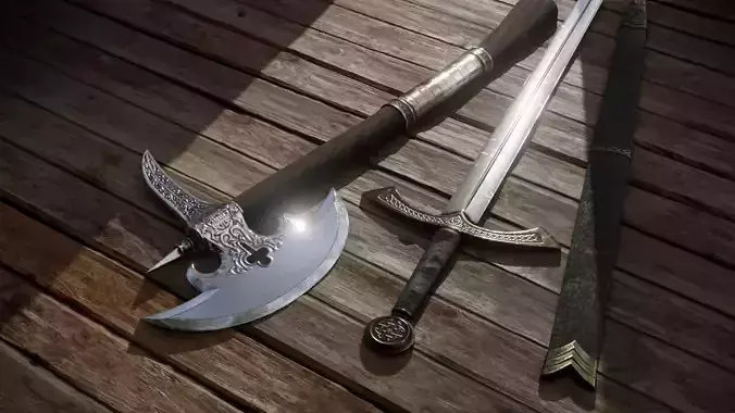 Medieval weapon set sword and axe Low-poly 3D model