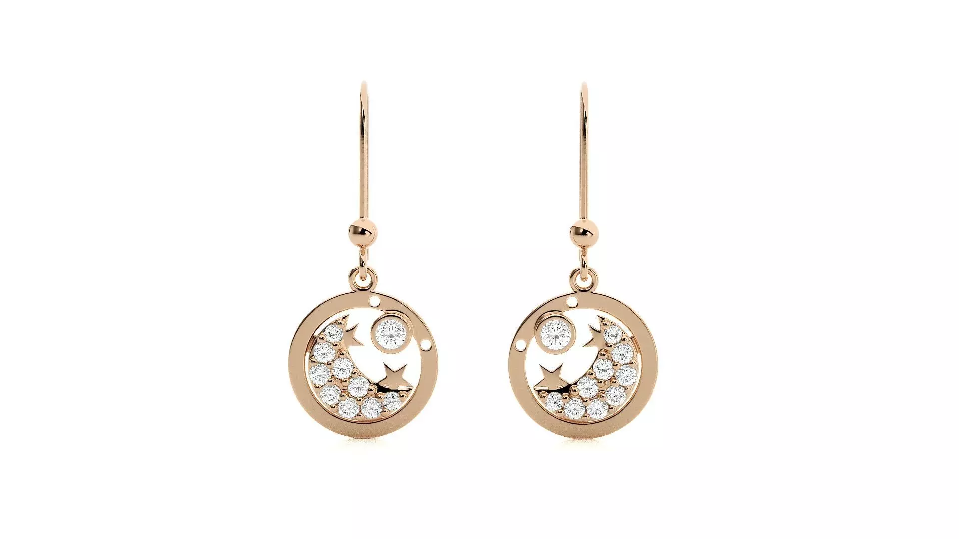 Shark Catching Moon Star Diamond Drop Earrings 3dm stl renders 3D print model