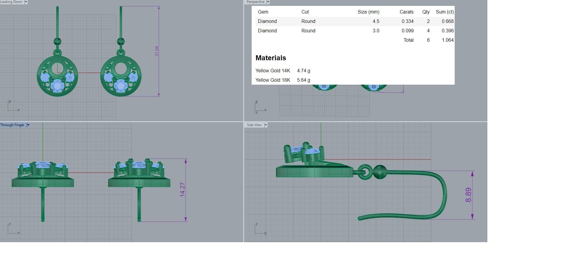 Tri Diamond Drop Earrings 3dm stl renders details 3D print model_4