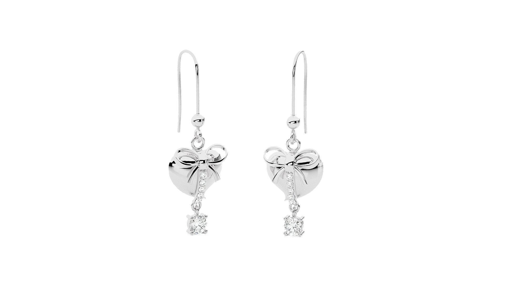 Bow Tie On Heart Love Diamond Drop Earrings 3dm stl renders 3D print model_8