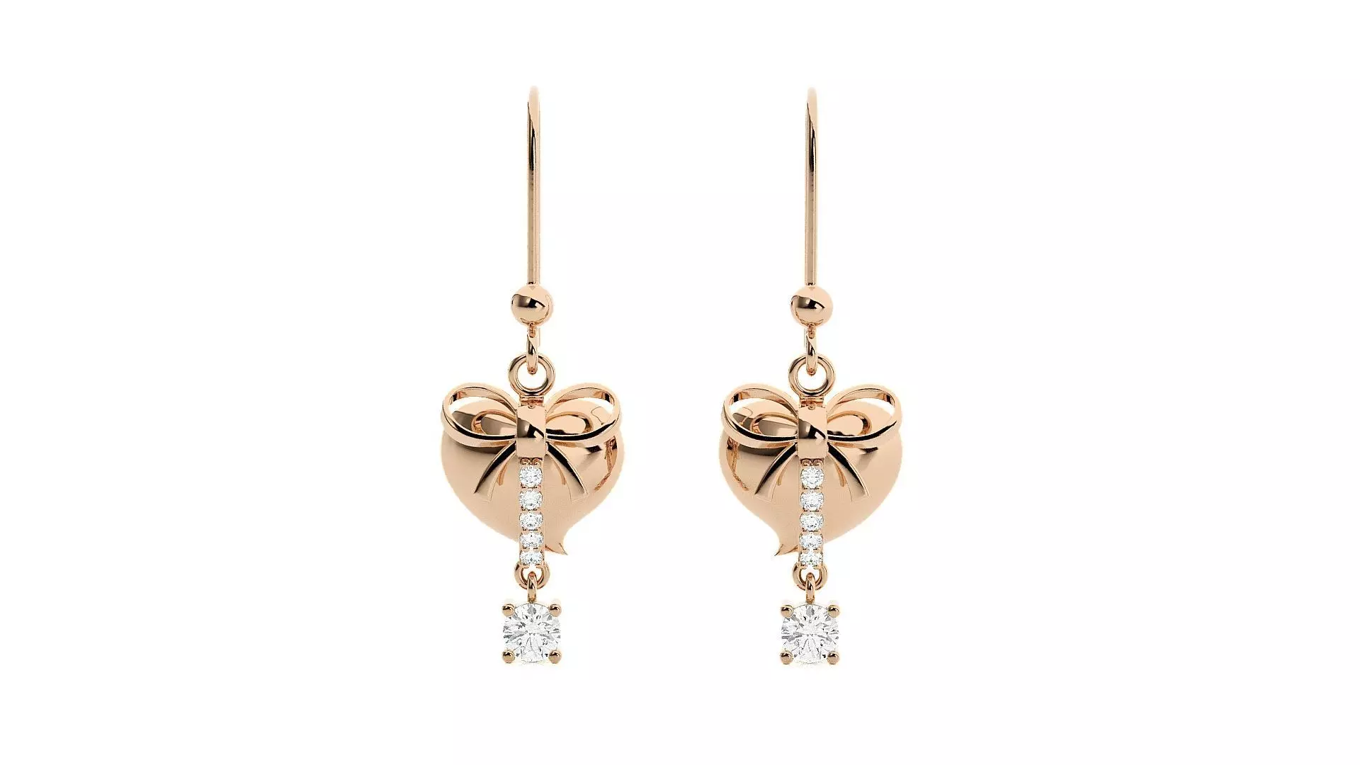 Bow Tie On Heart Love Diamond Drop Earrings 3dm stl renders 3D print model_0