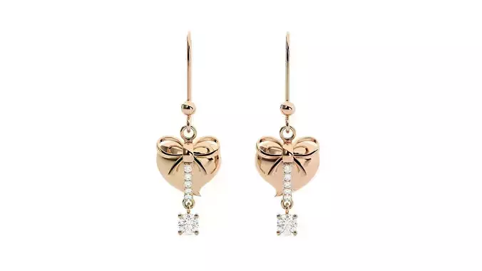 Bow Tie On Heart Love Diamond Drop Earrings 3dm stl renders 3D print model