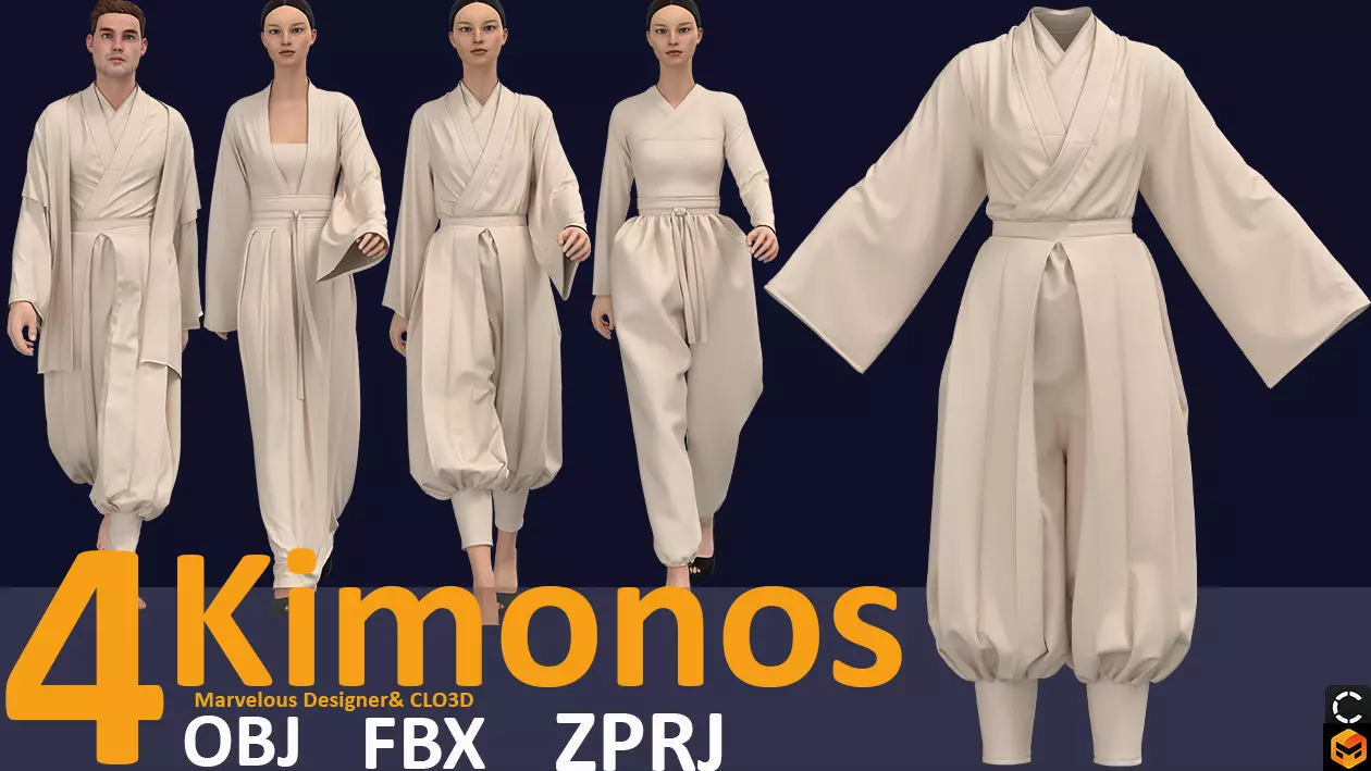4 basic Kimono 3d models Zprj Fbx OBJ 3D model