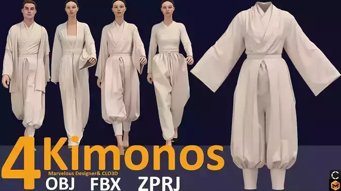 4 basic Kimono 3d models Zprj Fbx  OBJ