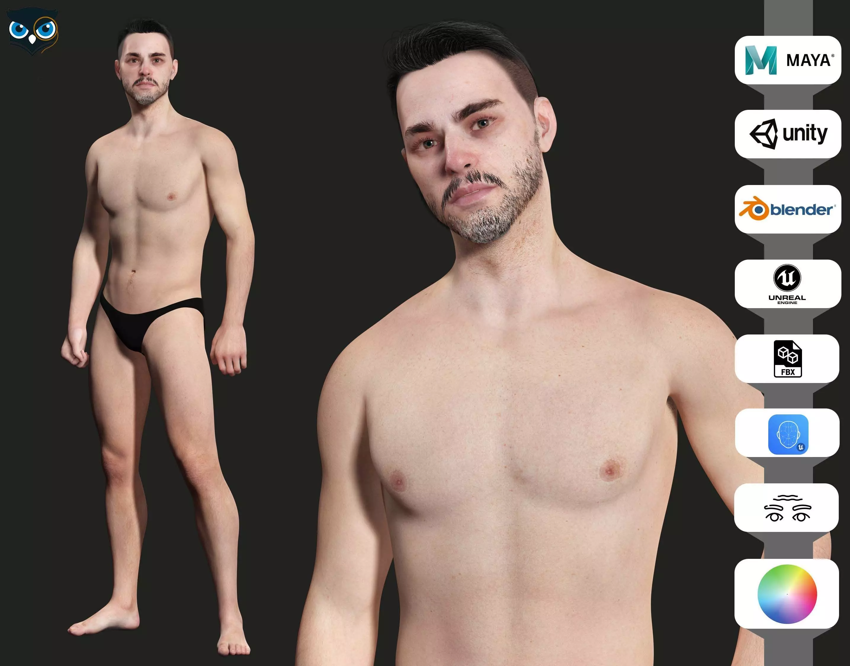 Kiven - Realistic Man Base Mesh 4K x4 Low-poly 3D model_0
