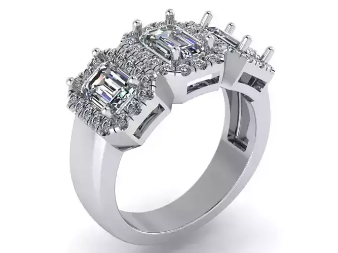 3 Stone Emerald Halo Ring 0103