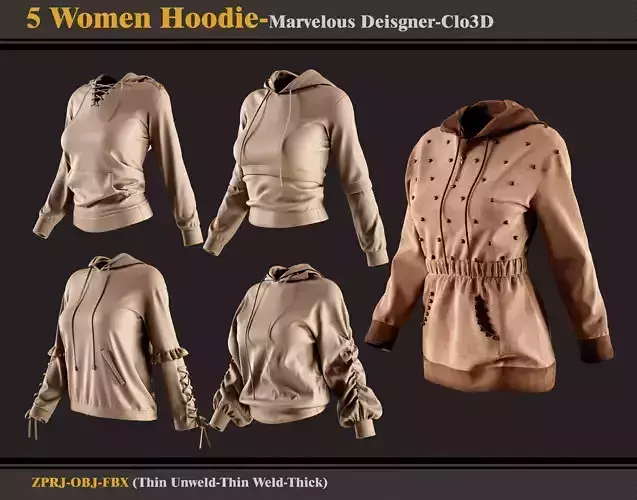 5 Women Hoodies -MD-Clo3D -ZPRJ - FBX - OBJ