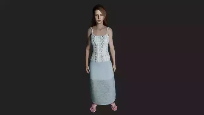 Realistic 3D Model of a Young Woman in a Blue Skirt and Patterns 3D model