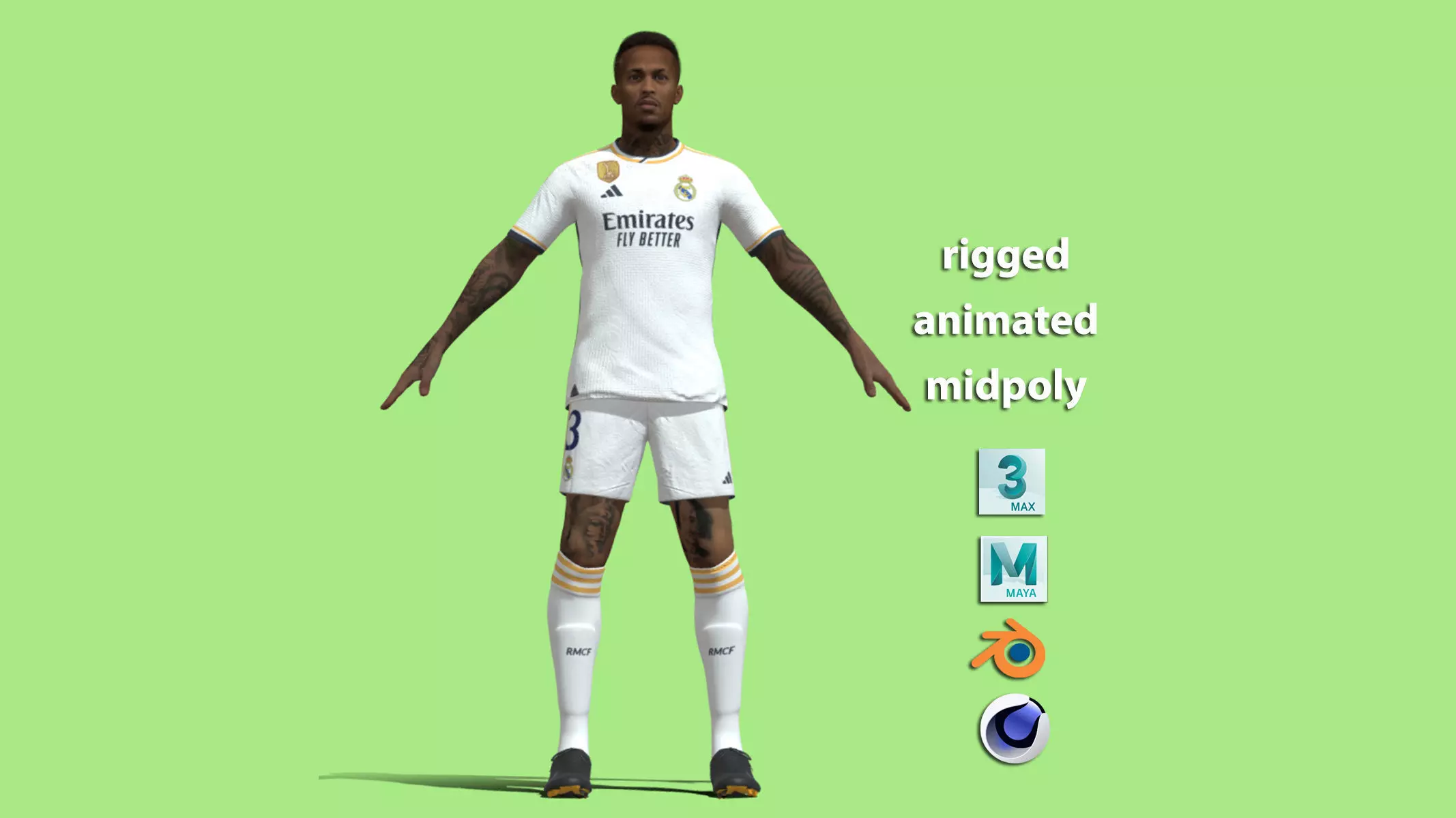 T-Pose Rigged Militao Real Madrid 23-24 3D model_0