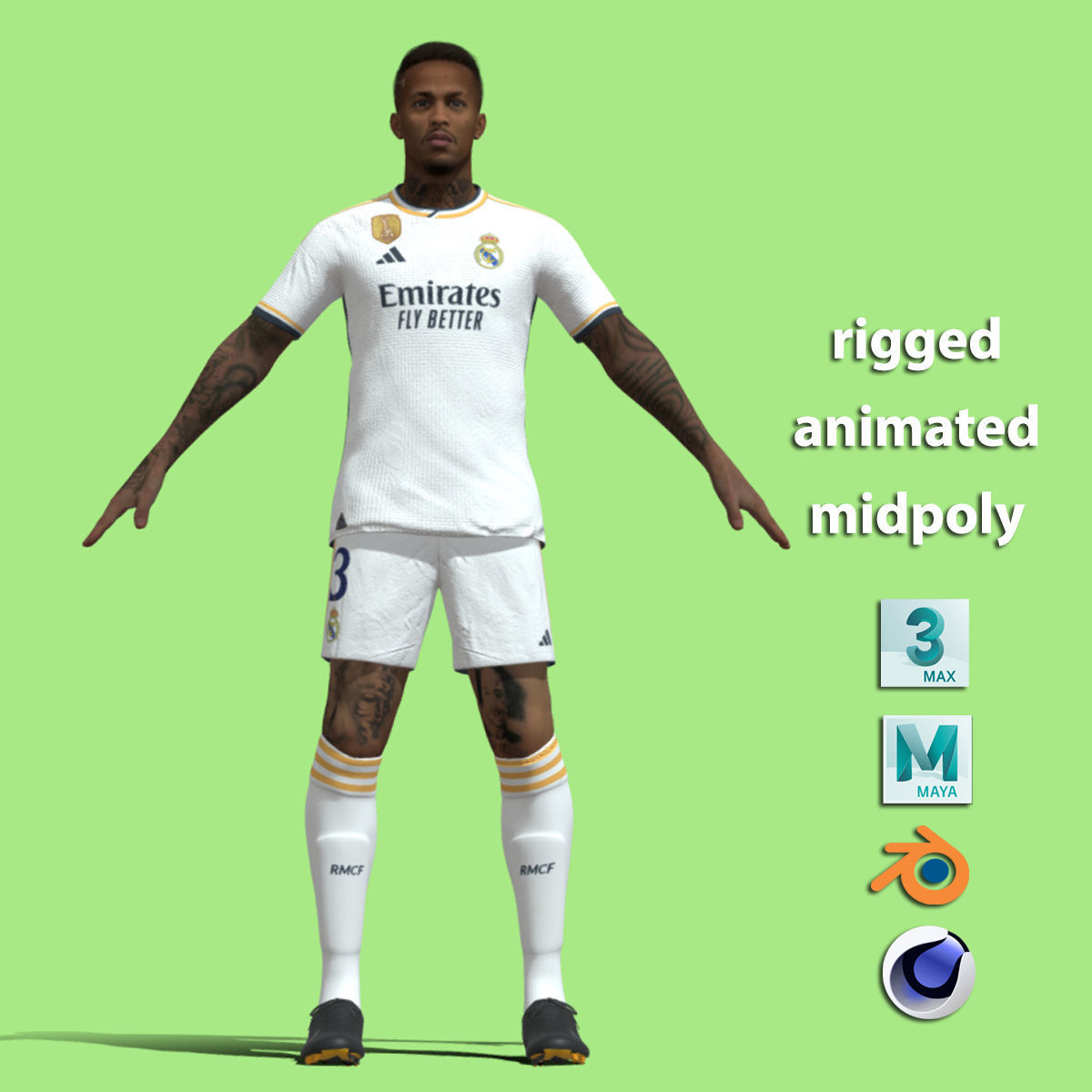 T-Pose Rigged Militao Real Madrid 23-24 3D model_1