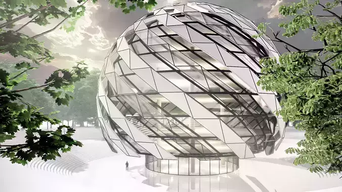 conceptual futuristic spherical building Low-poly 3D model