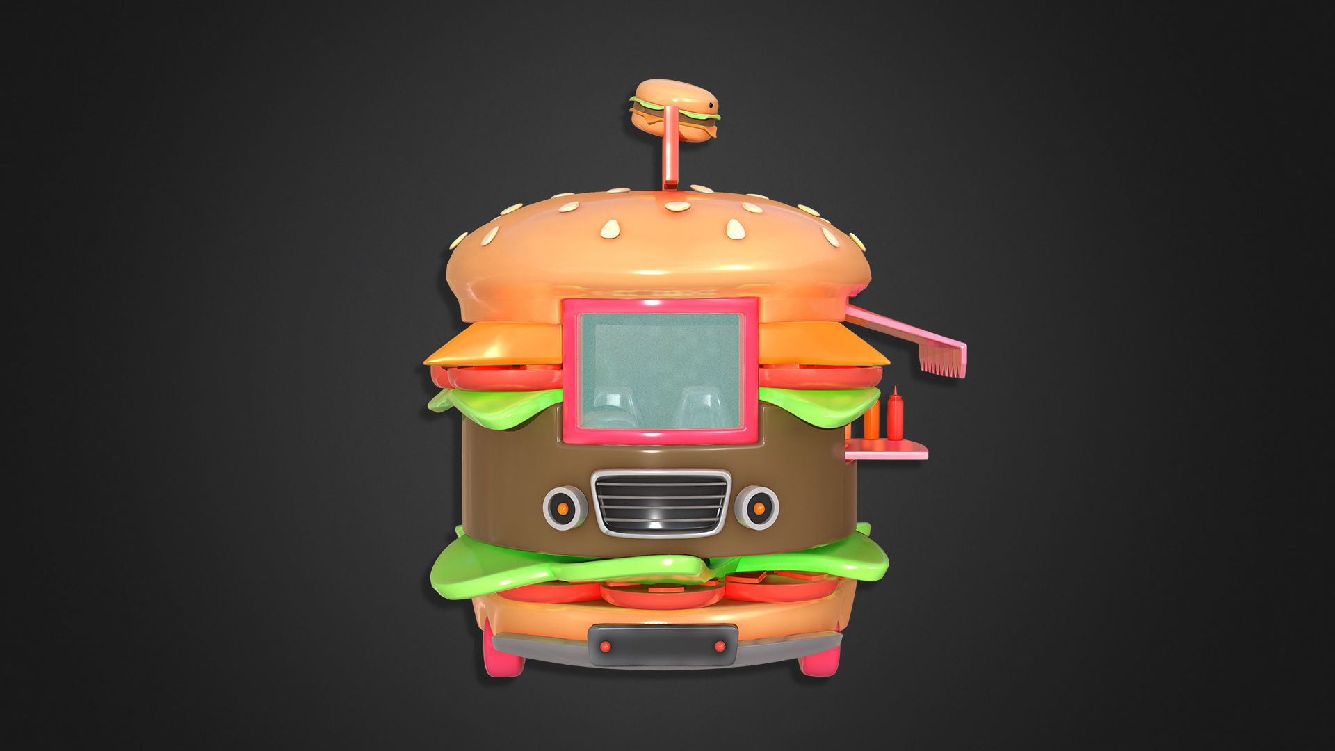 Asset - Cartoons - Food Car -  Hamburger Car 3D model_6