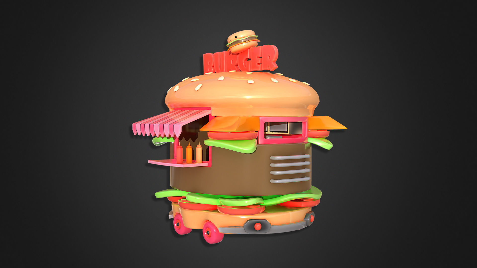 Asset - Cartoons - Food Car -  Hamburger Car 3D model_4
