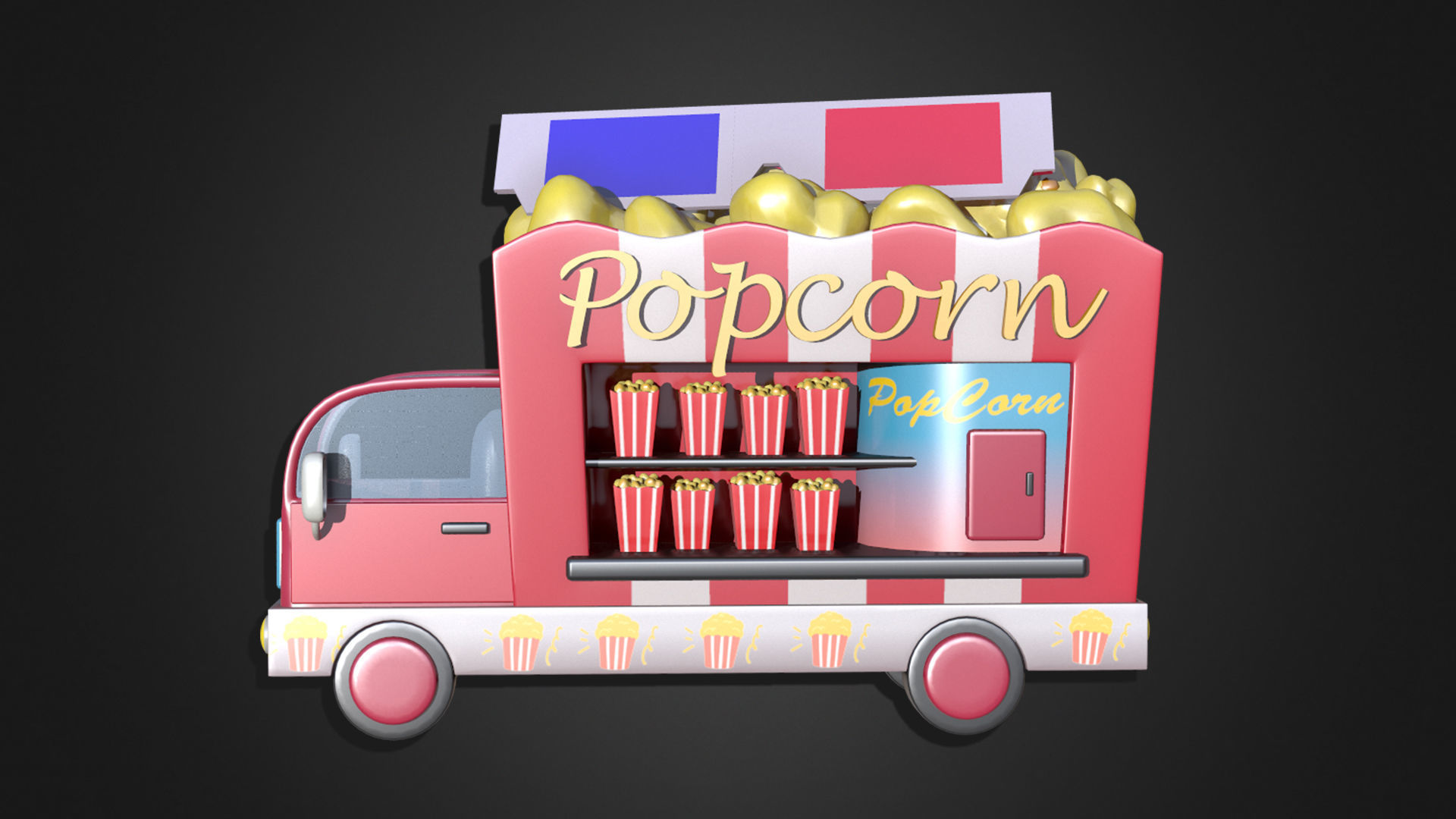 Asset - Cartoons - Food Car - Popcorn Car 3D model_8