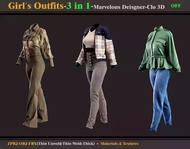 3 in 1 Girls Outfits- MD-Clo3d -OBJ - FBX -Materials-Textures 
