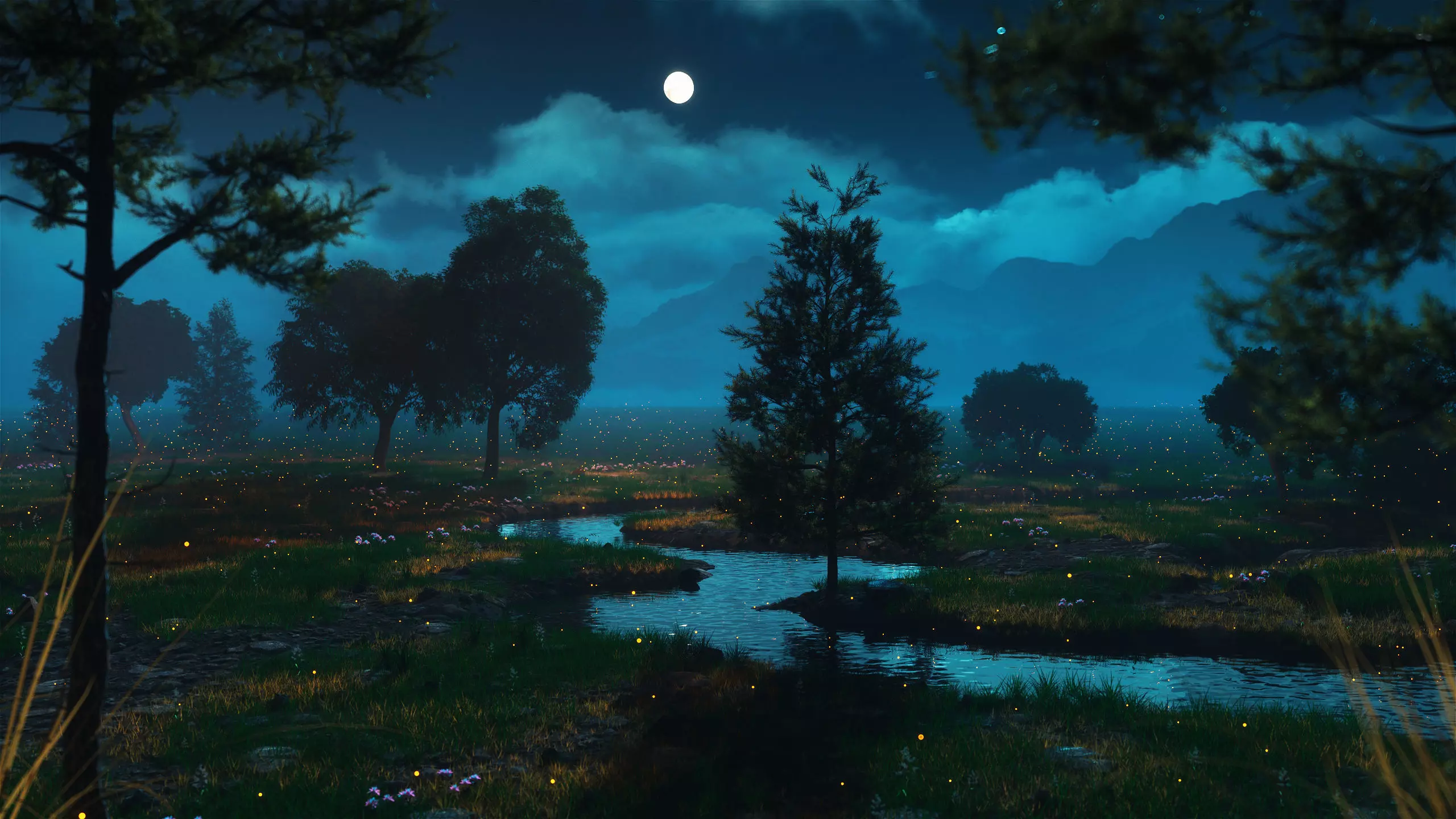 Night forest firefly scene Valley mountain grassland plain river 3D model_0