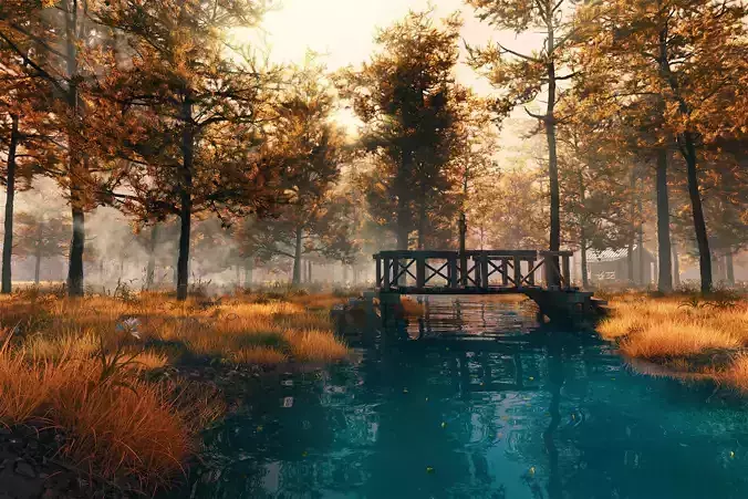 Autumn forest river scene Primeval fog Outskirts Wilderness