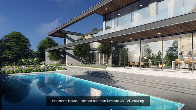 Mordern Hill House Exterior and Interior Scene with 2D Drawing 3D Model Pack 7