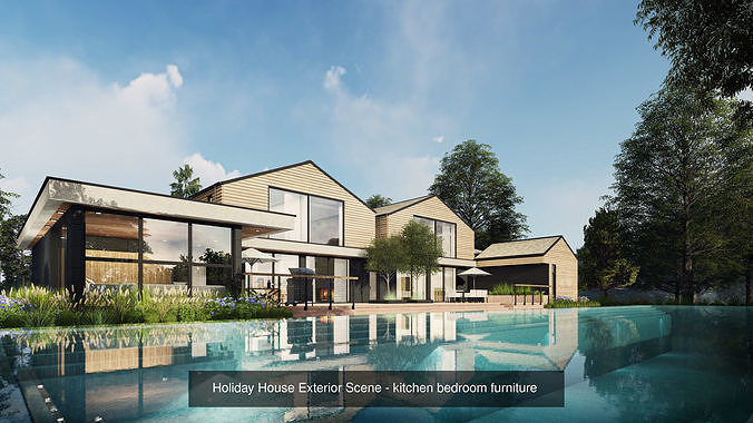 Mordern Hill House Exterior and Interior Scene with 2D Drawing 3D Model Pack 6