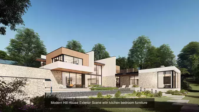 Mordern Hill House Exterior and Interior Scene with 2D Drawing 3D Model Collection