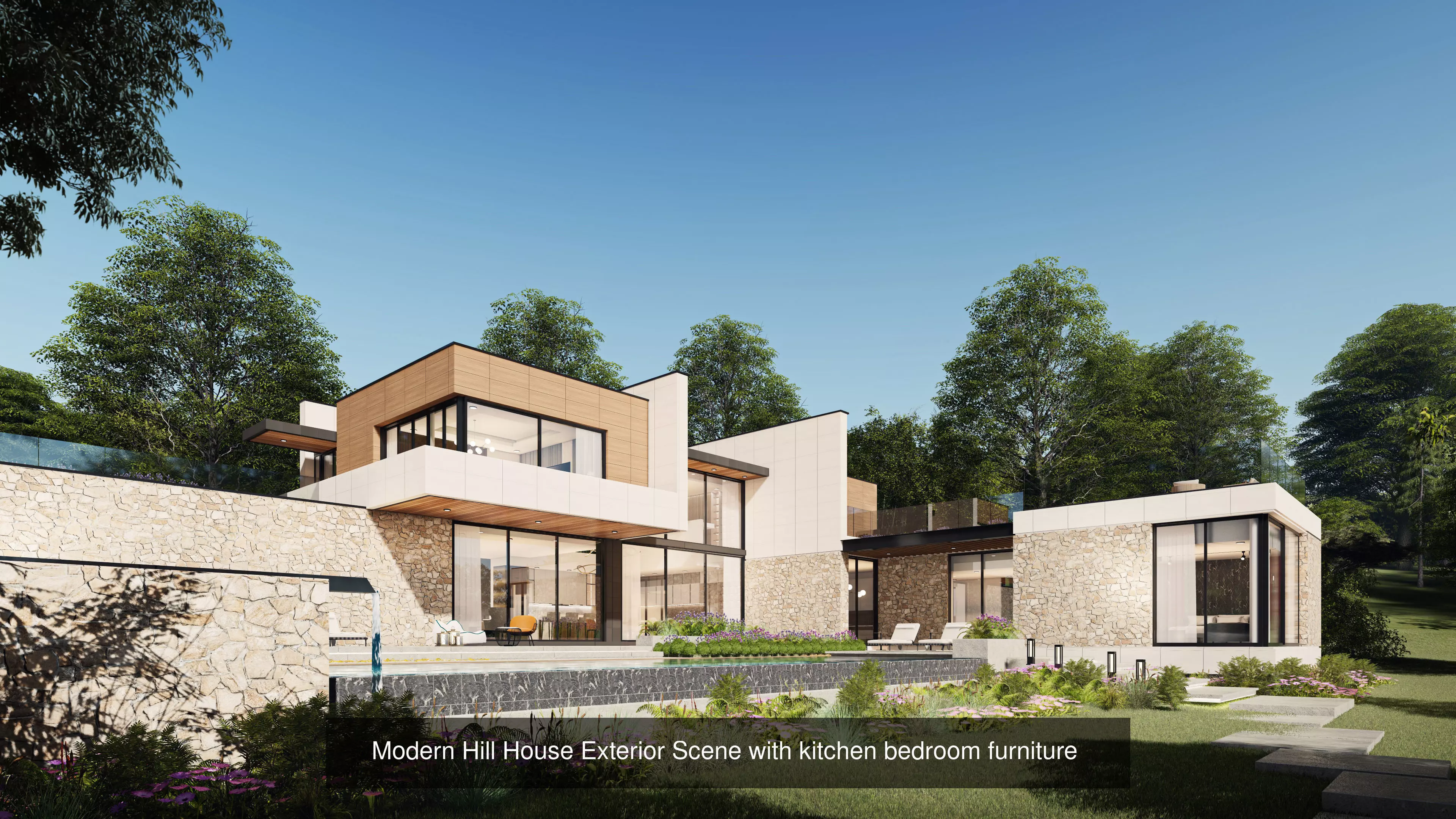 Mordern Hill House Exterior and Interior Scene with 2D Drawing 3D Model Collection_0