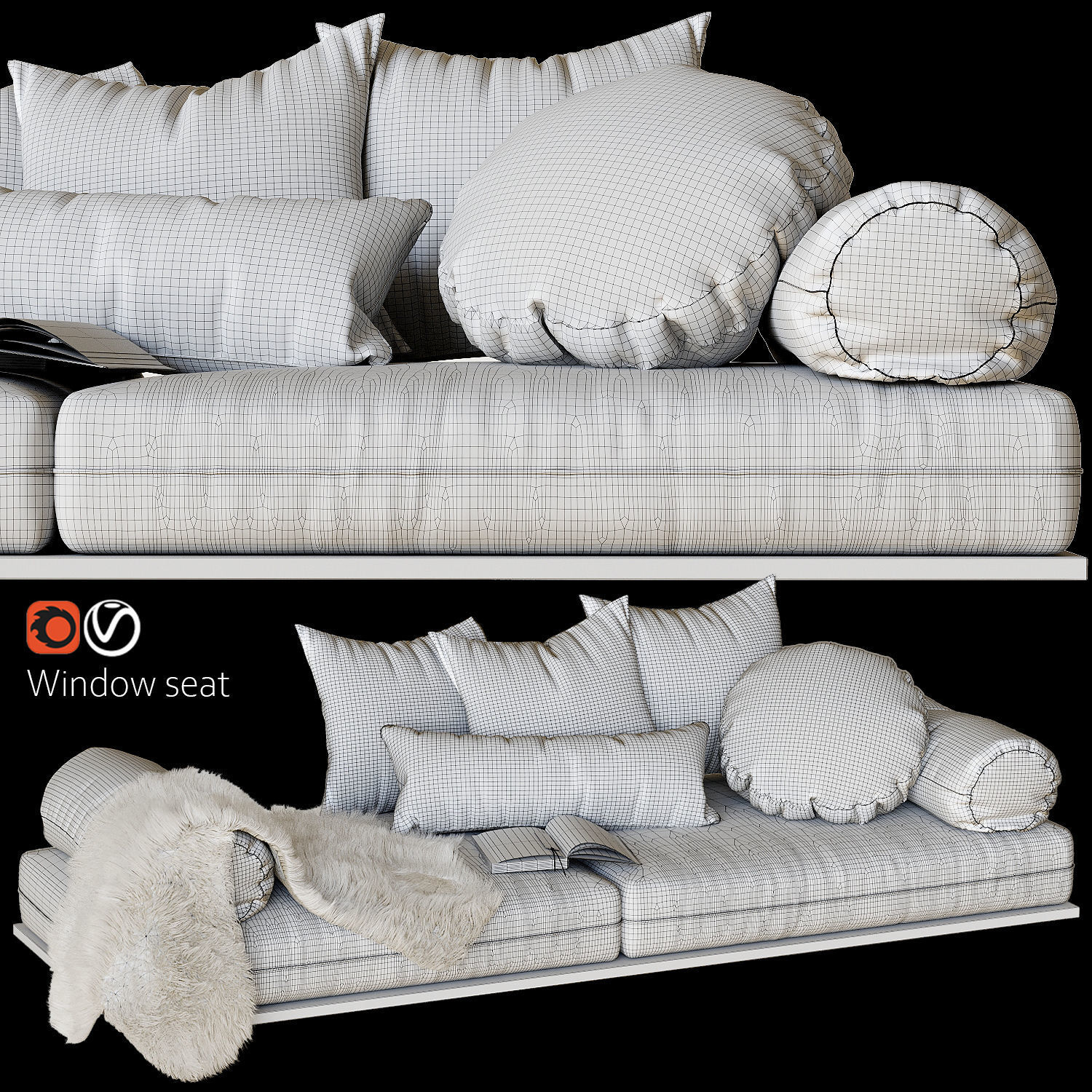 Window seat and pillows 3D model_3