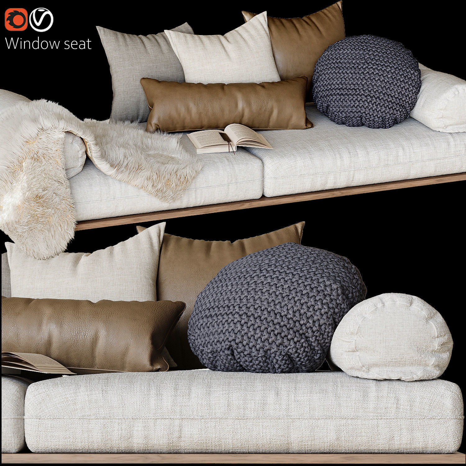 Window seat and pillows 3D model_2
