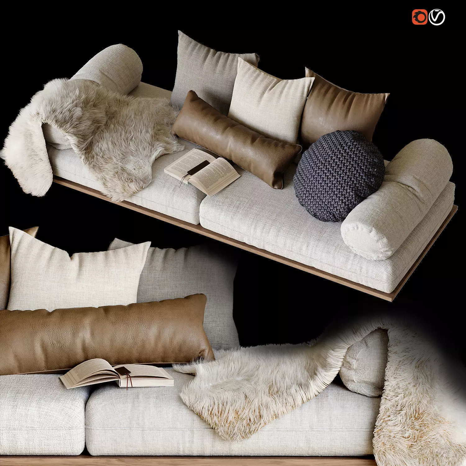 Window seat and pillows 3D model_0