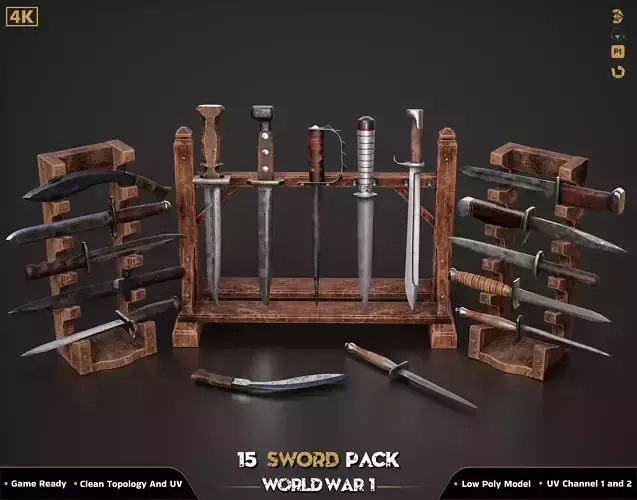 15 Military Sword ww2 Game Ready