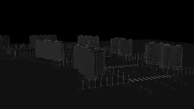 Bloque de edificios con acera y farolas