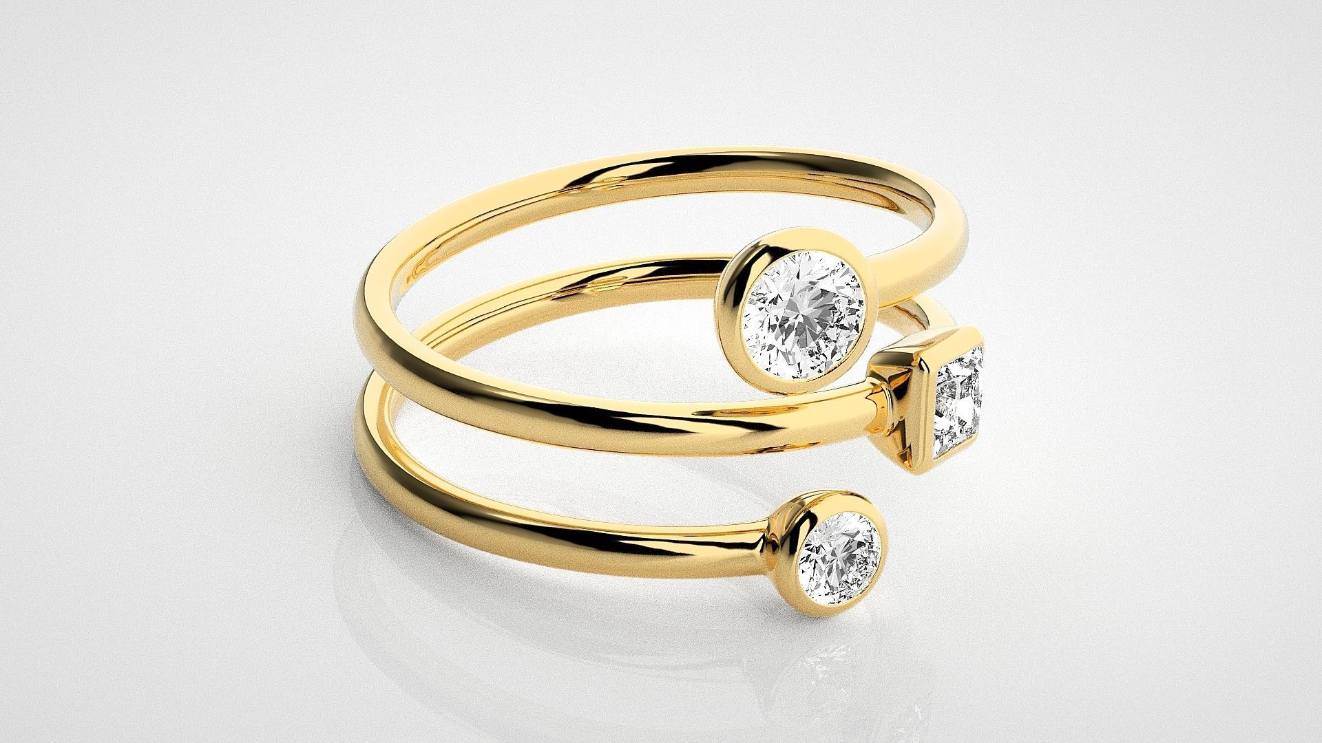 Tri Solitaire Diamond Wire Ring 3dm stl renders details 3D print model_14