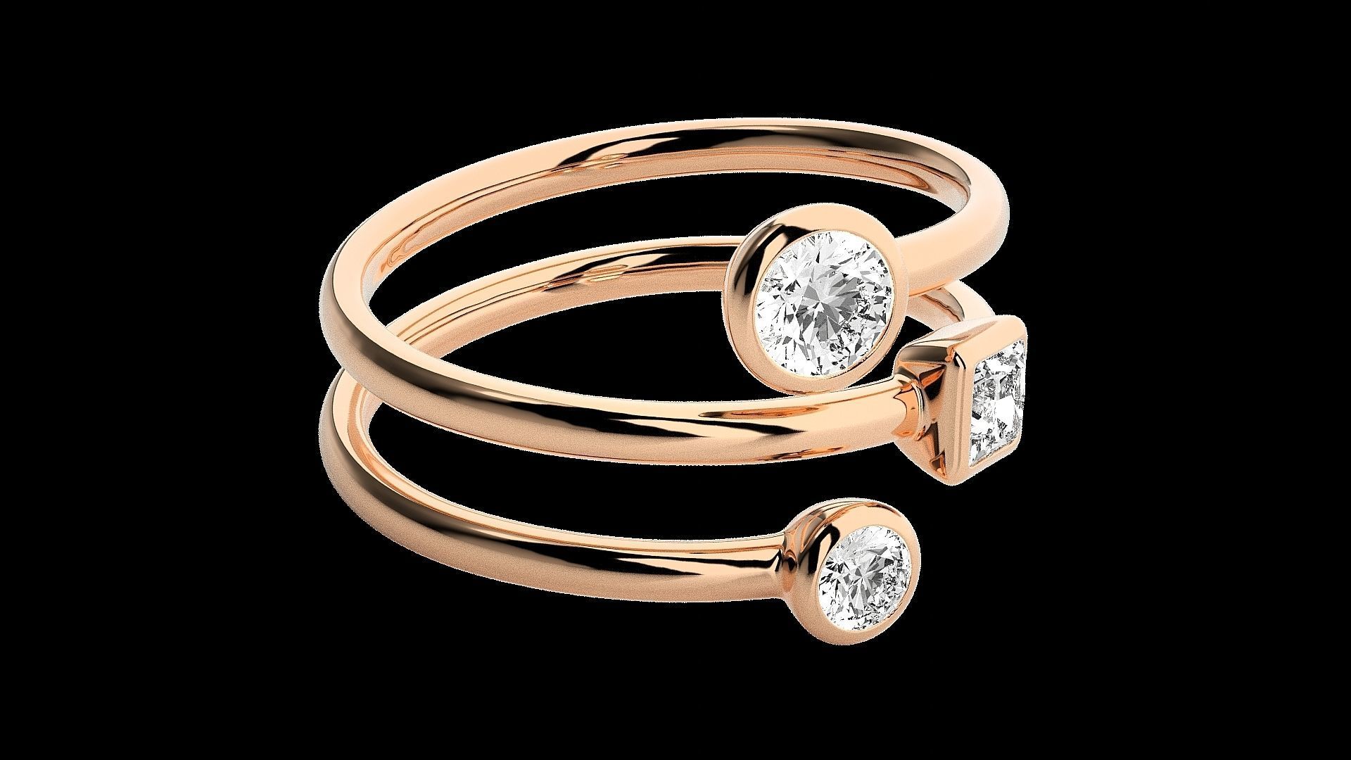 Tri Solitaire Diamond Wire Ring 3dm stl renders details 3D print model_5