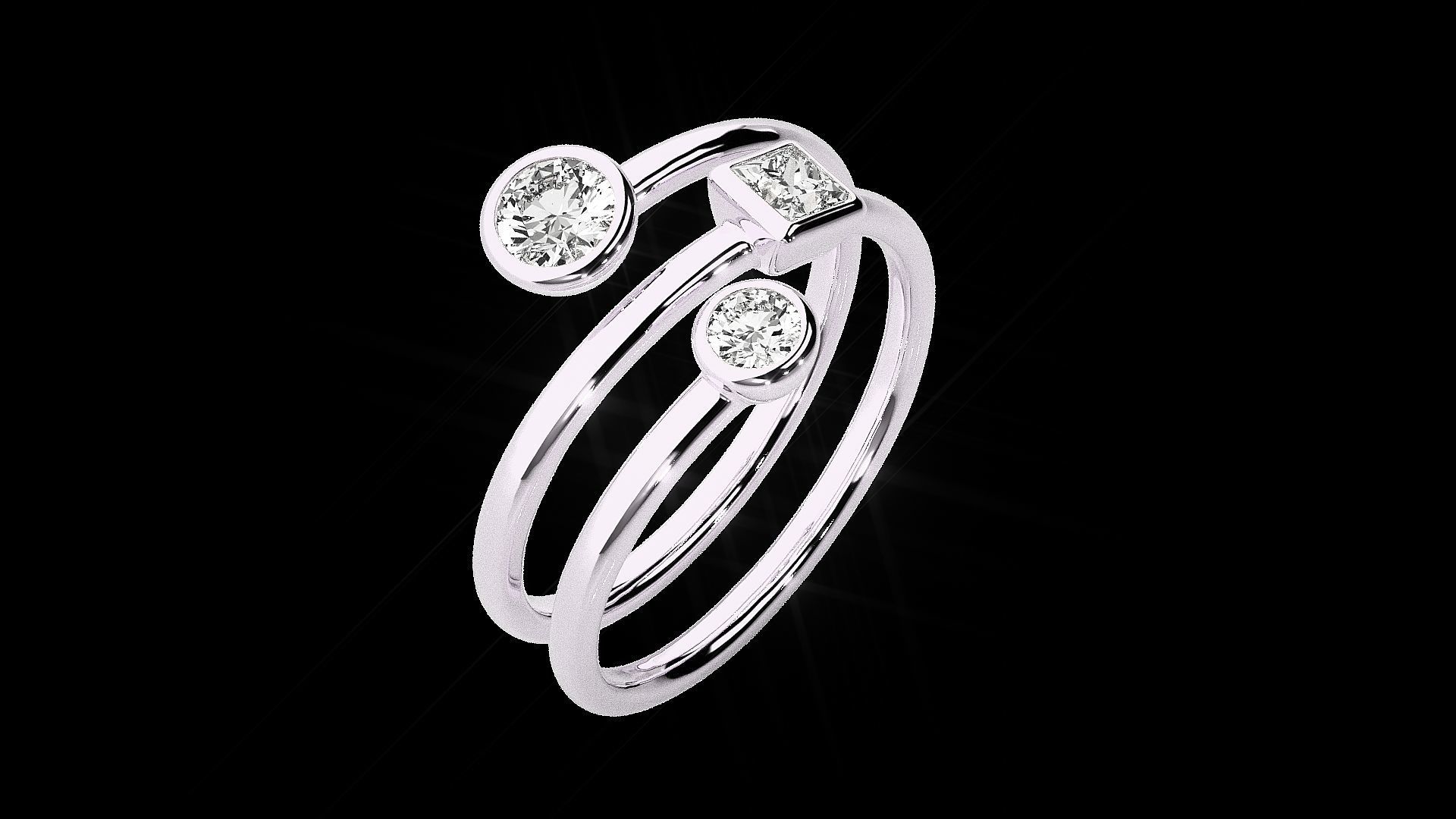 Tri Solitaire Diamond Wire Ring 3dm stl renders details 3D print model_12