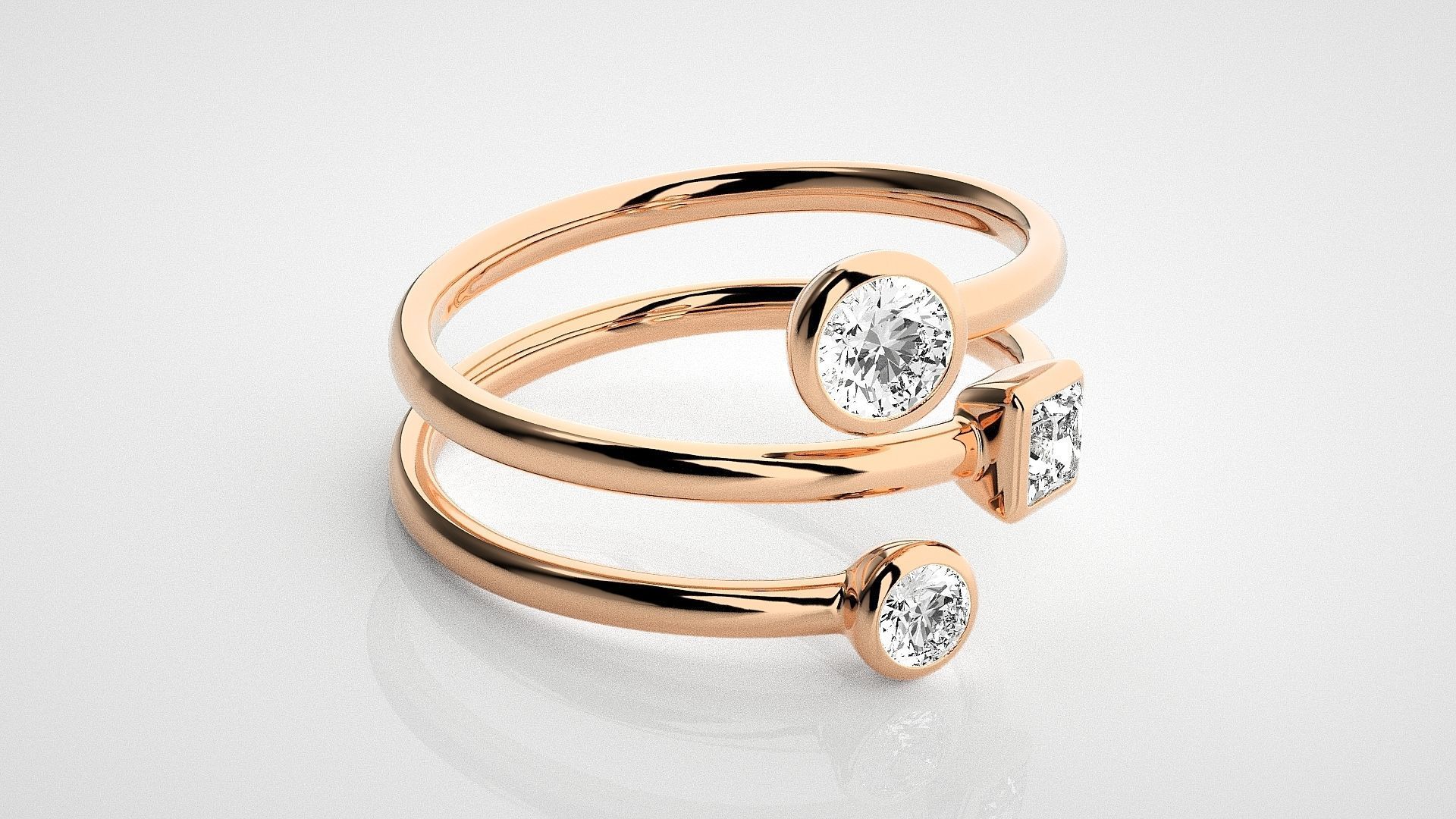 Tri Solitaire Diamond Wire Ring 3dm stl renders details 3D print model_1