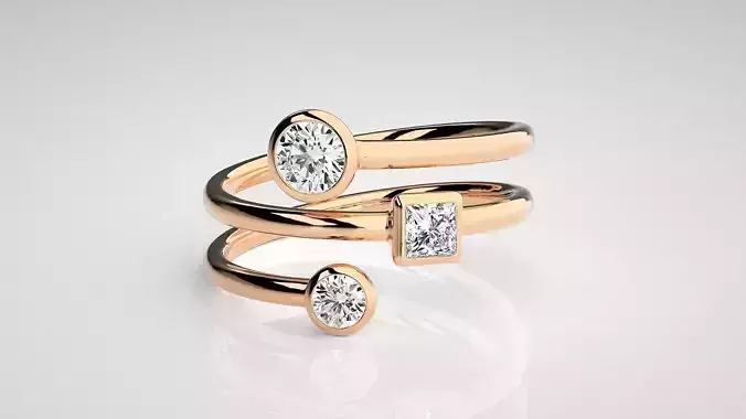 Tri Solitaire Diamond Wire Ring 3dm stl renders details 3D print model