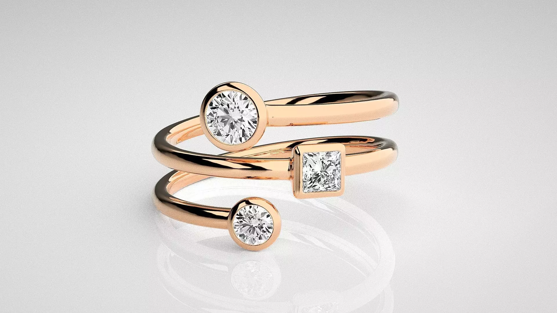 Tri Solitaire Diamond Wire Ring 3dm stl renders details 3D print model_0