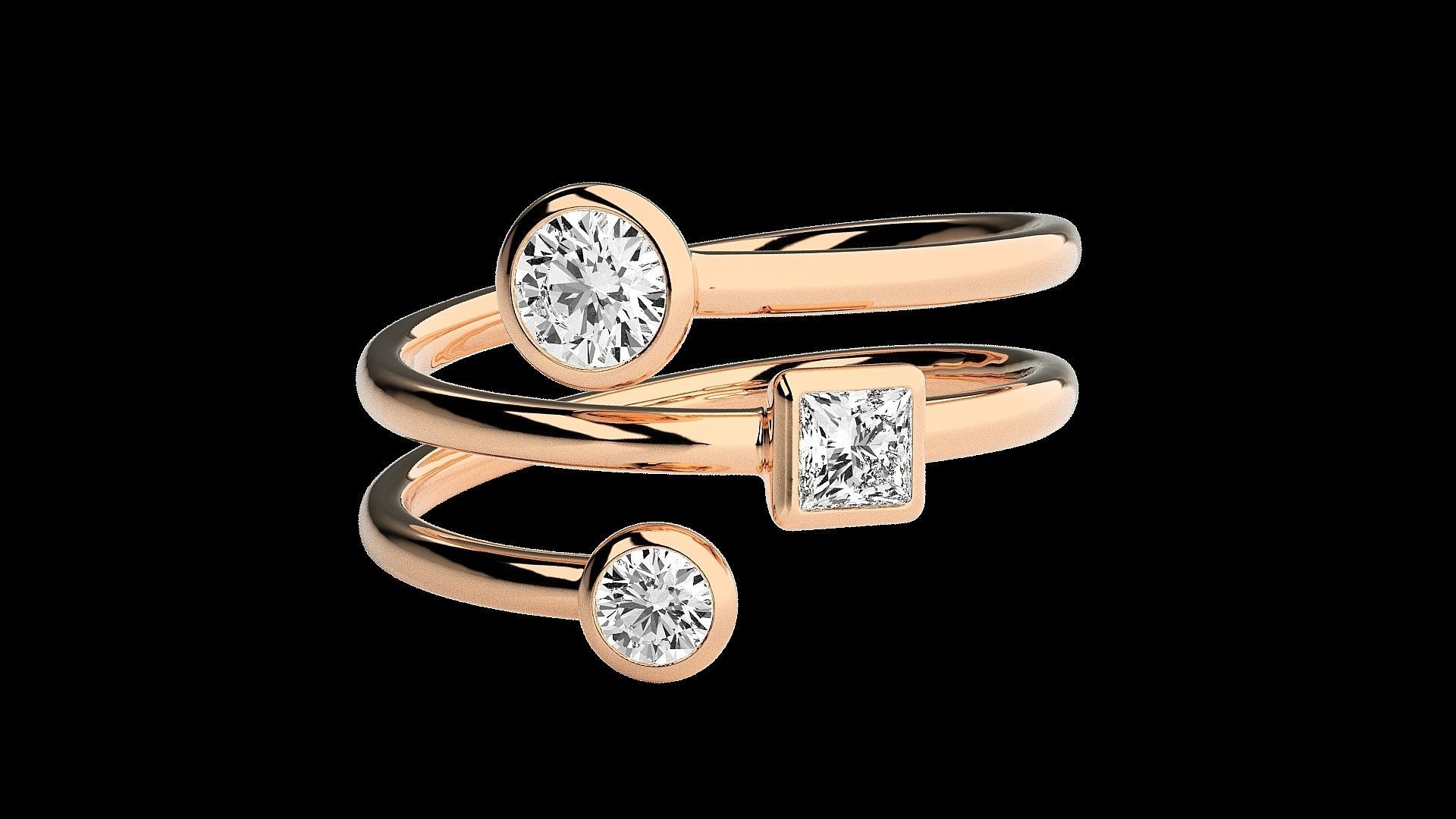 Tri Solitaire Diamond Wire Ring 3dm stl renders details 3D print model_4