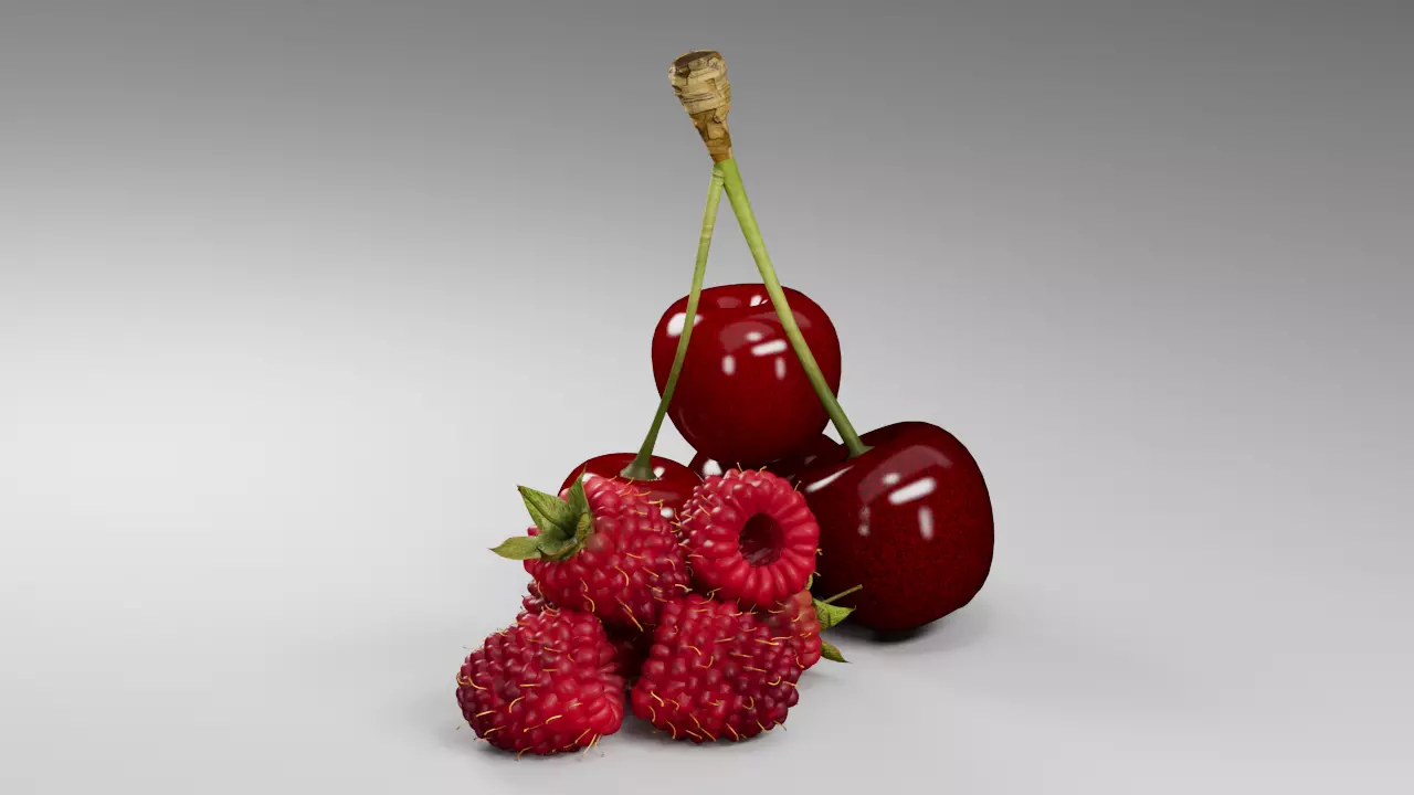 Raspberries and Cherry 3 D 3D model_0