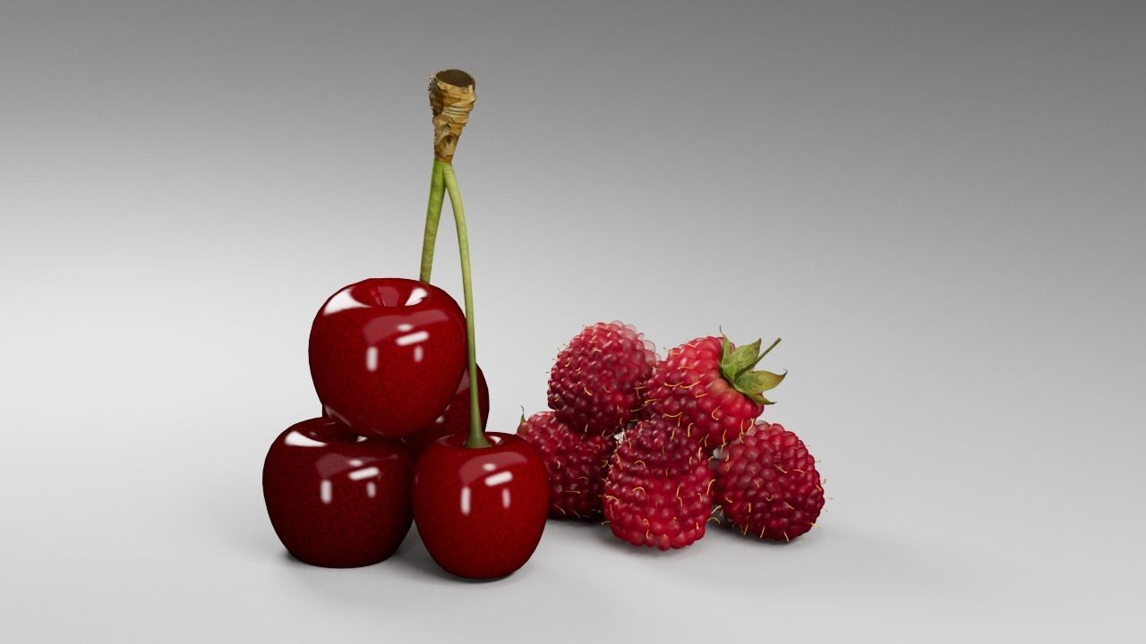 Raspberries and Cherry 3 D 3D model_7