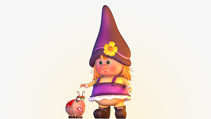 Gnome girl and ladybug Low-poly 3D model