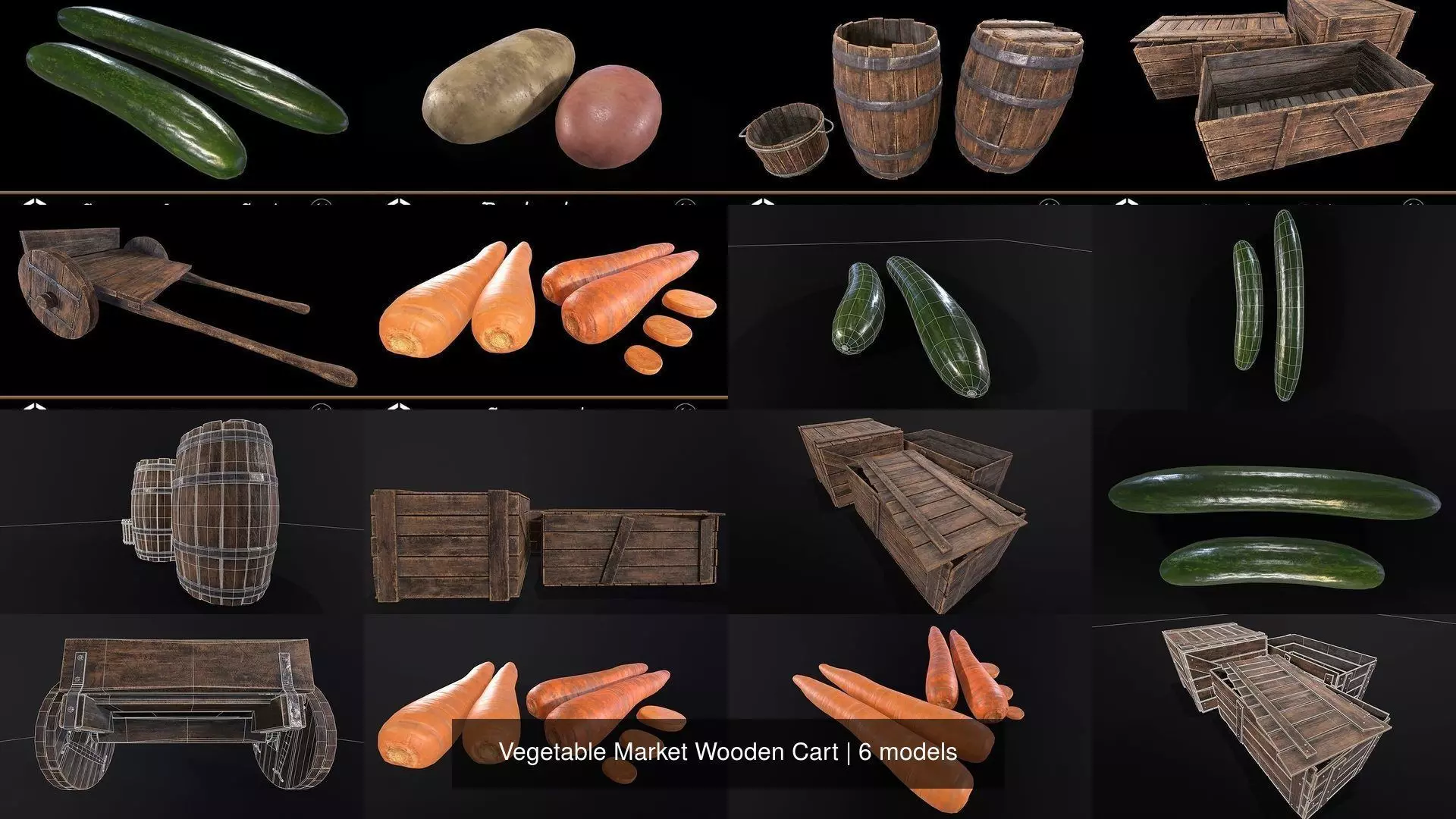 Vegetable Market Wooden Cart 3D Model Collection_7