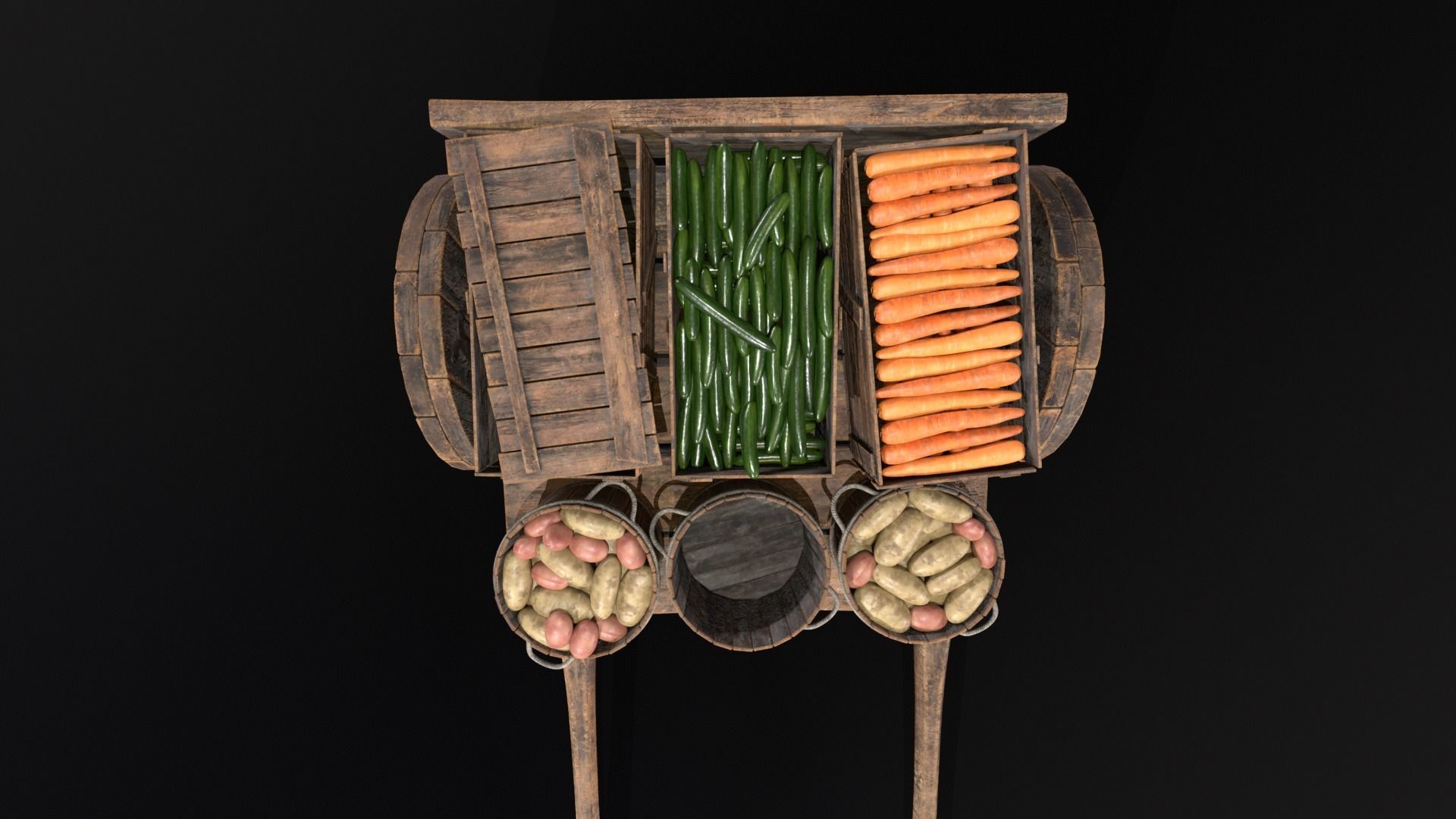 Vegetable Market Wooden Cart 3D Model Collection_10