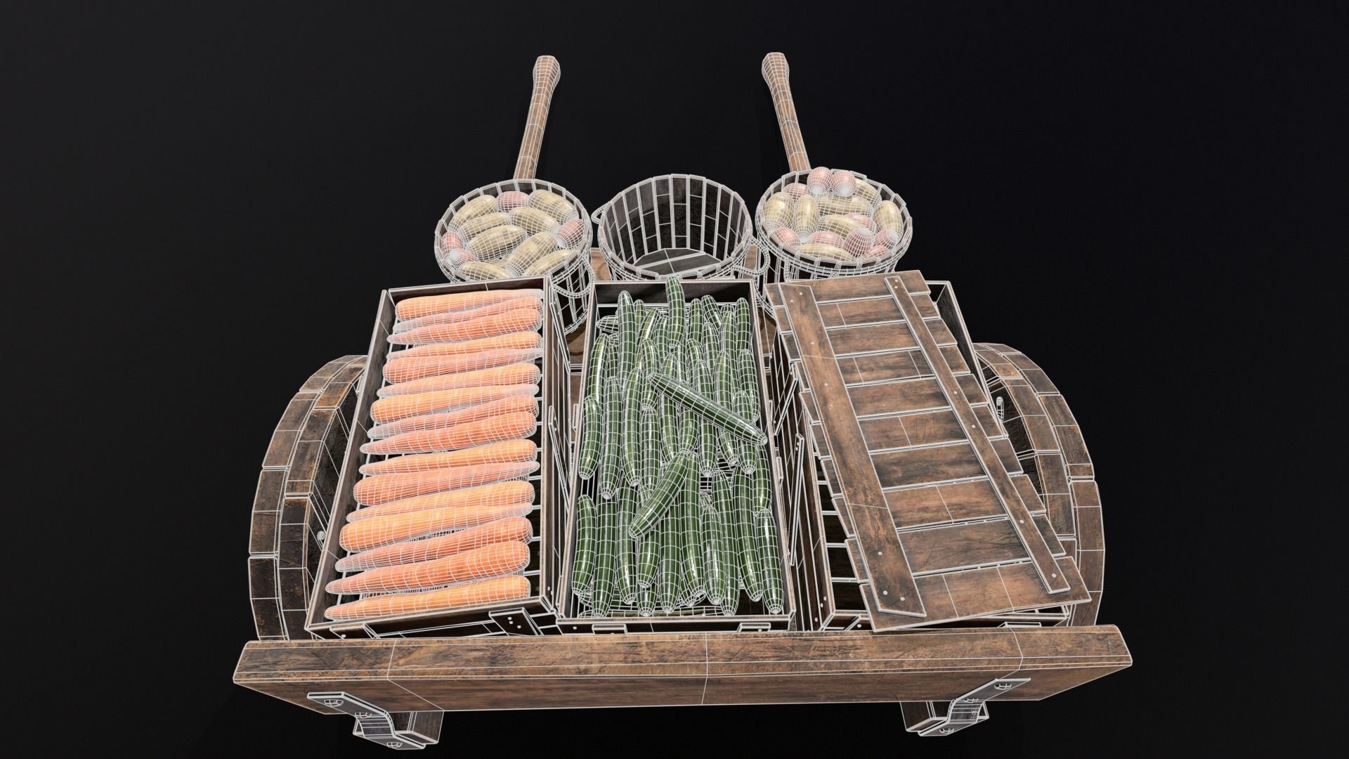 Vegetable Market Wooden Cart 3D Model Collection_15